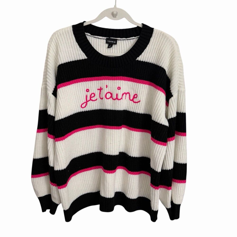 Torrid Sweater 1X White Black “Je T’aime” I Love You Knit Pullover Striped